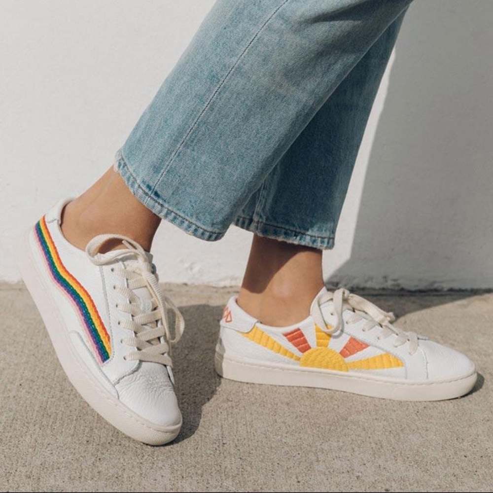 Soludos White Sneakers with Rainbow and Sun Design